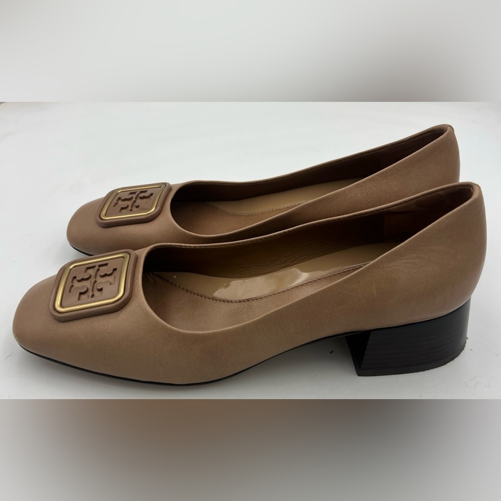 TORY BURCH Georgia Leather 35mm Pump Square Heel Almond Flour Women’s Size 8.5 - Picture 3 of 15